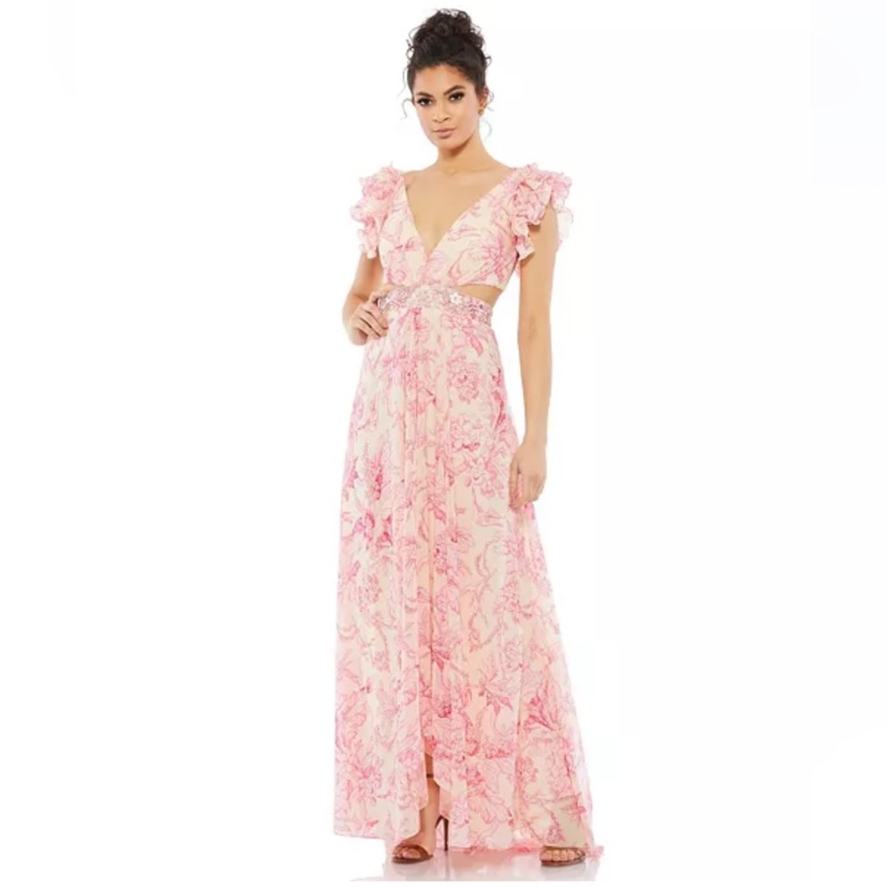 Mac Duggal Pink Floral Maxi Dress with Ruffle Sleeves